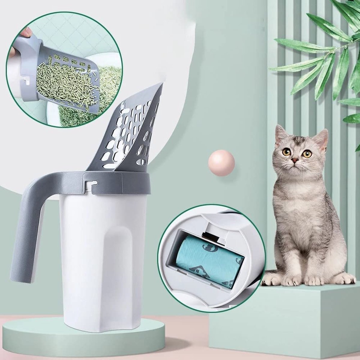 Praktieke kattenbakschep met geïntegreerde zakken