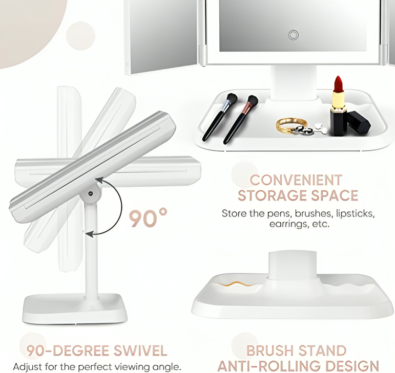Opvouwbare LED-spiegel met 3 panelen voor nauwkeurige make-up